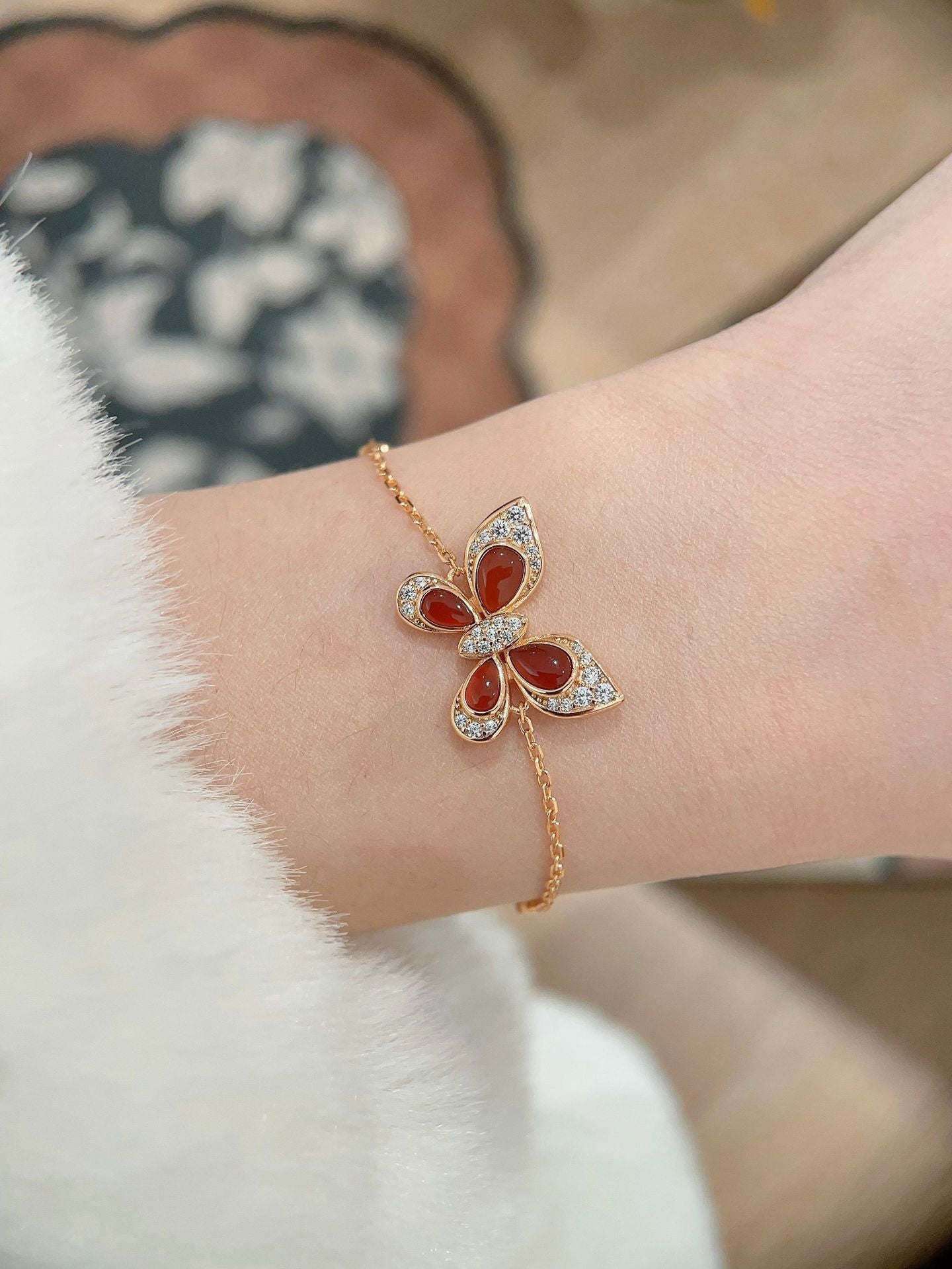 Inlaid Red Agate White Mother-of-Pearl Turquoise Sterling Silver Butterfly Bracelet