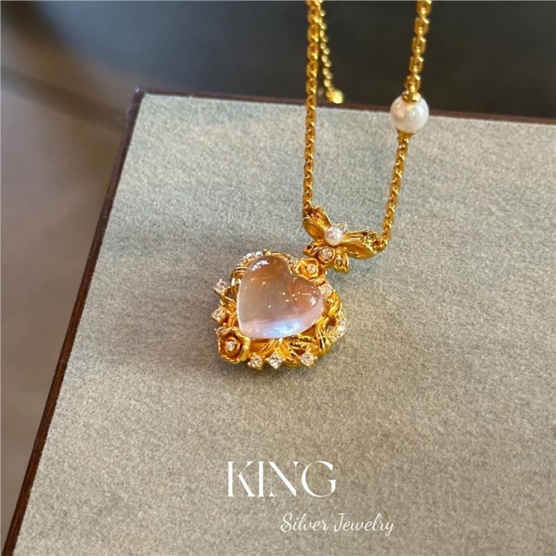 Pink Water Beauty| S925 Silver Gold-Plated Heart Pink Crystal Light Luxury Retro Niche Fashion Elegant Pure Silver Necklace