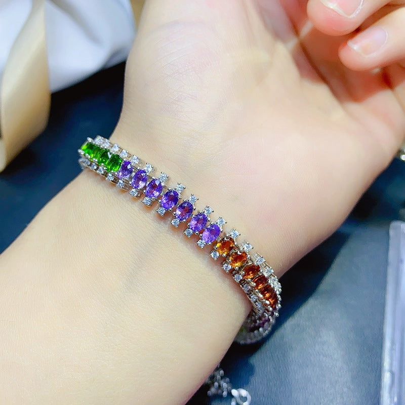 Natural Olivine Garnet Diopside Citrine Amethyst Topaz 925 Silver Multi-Gem Bracelet