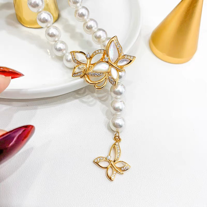 S925 Sterling Silver Butterfly Pearl Necklace Sweater Chain Clip Buckle Belt Buckle
