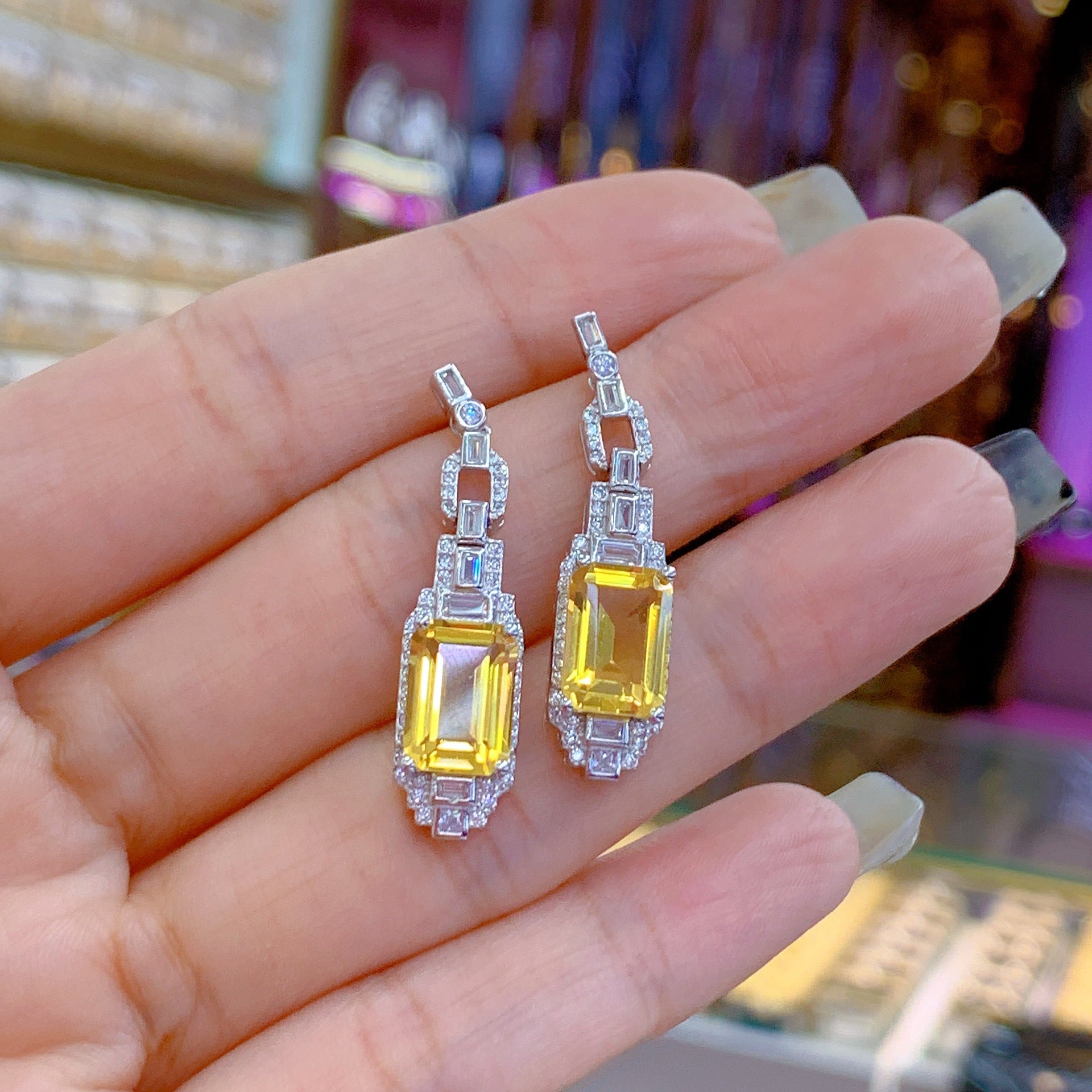 S925 Silver Platinum Plated Inlaid 7*10mm*2 Yellow Crystal French Niche Earrings