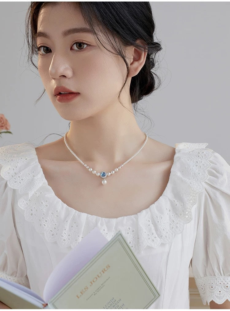 Natural Australian White Jellyfish Shell Pearl Necklace for Women with Aquamarine Gradient Elegant Collarbone Chain