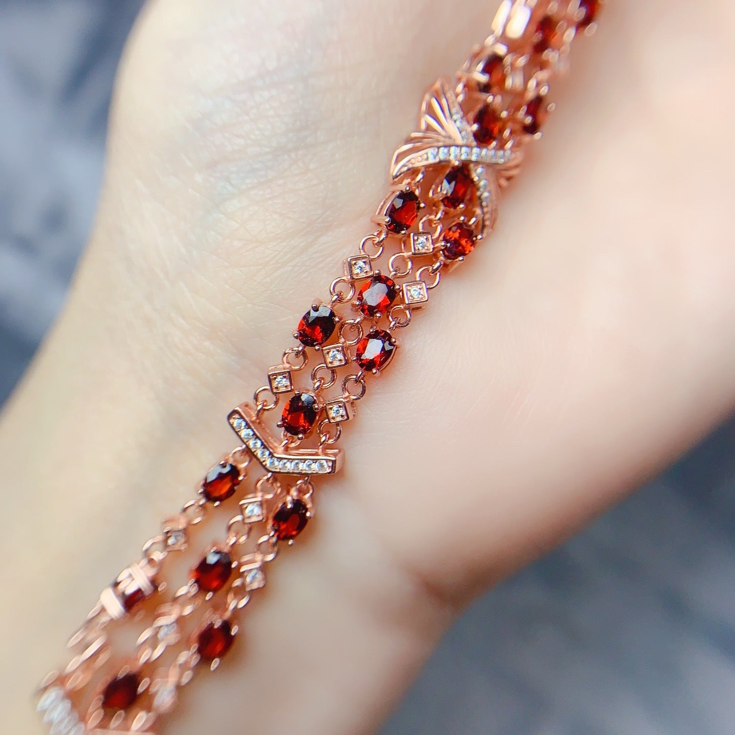 S925 Silver Fine Craft Inlaid 3*4mm Natural Garnet Bracelet