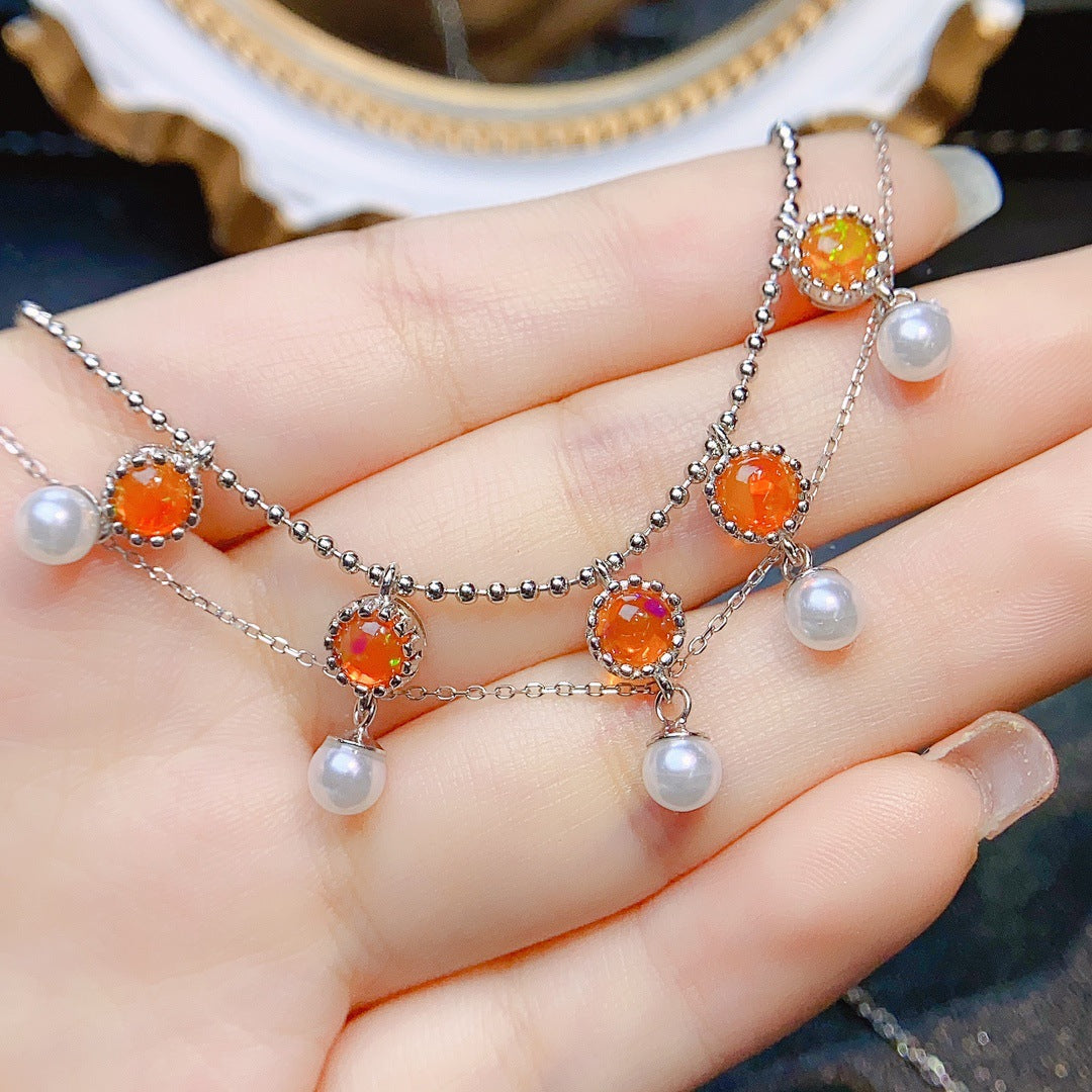 S925 Silver Inlaid Main Stone Natural Fire Opal 5*5 Necklace