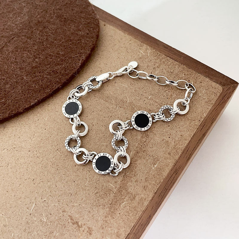 S925 Sterling Silver Black Enamel Bracelet for Women New Roman Numeral Splicing High-end Original Design Bracelet
