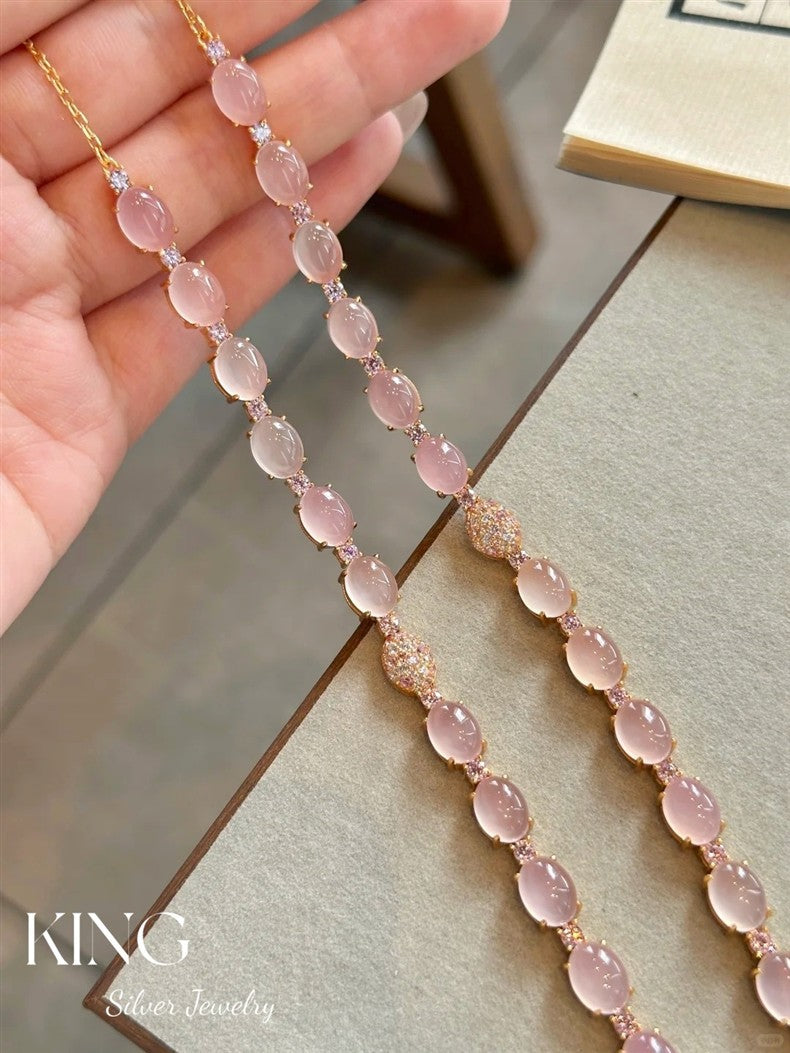 Peerless Beauty| S925 Silver Gold-Plated Cabochon Gradient Peach Pink Crystal Ultra Heavy Fashion High-End Pure Silver Bracelet