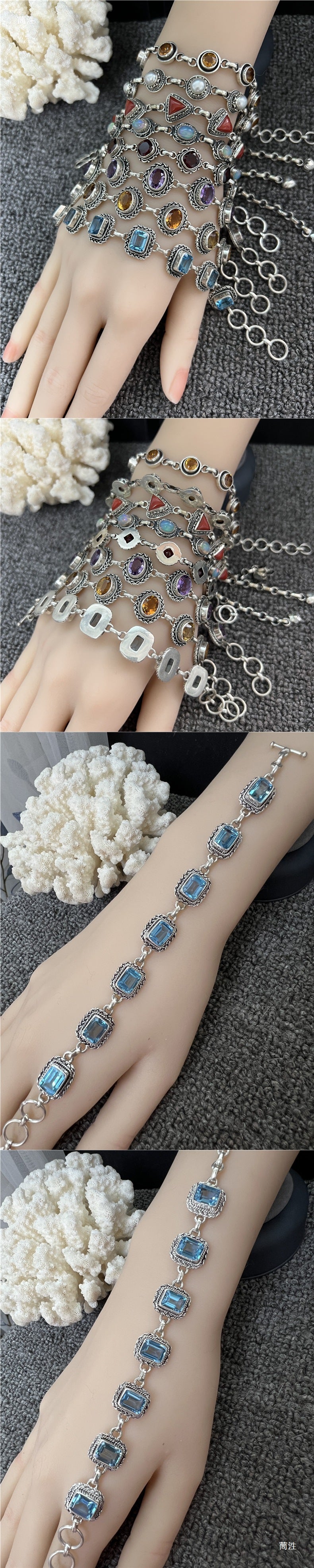 Nepal Handmade 925 Inlaid Yellow Crystal Ruby Amethyst Opal Stone Vintage Bracelet