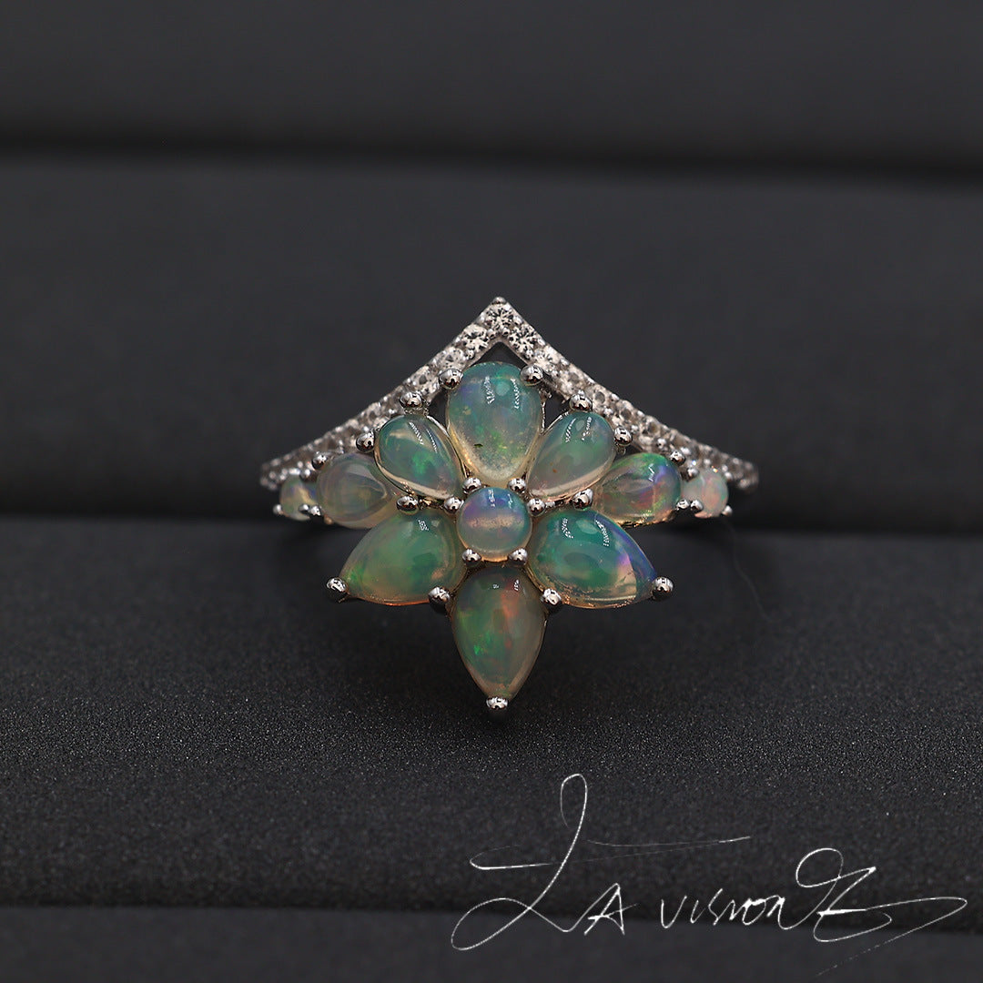 S925 Silver Inlaid Natural Opal Vintage Jewelry Synthetic White Sapphire Ring