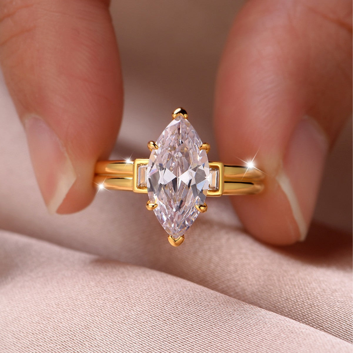 S925 Silver Moissanite Ring with Marquise Main Stone and Trapezoid Side Stone Three-Stone Combination Design Sense Gold Hot Sale