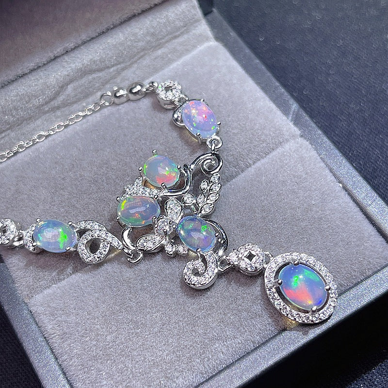 Australian Iridescent Opal Chain 925 Silver Inlaid with Dazzling Natural Fire Opal Collarbone Chain