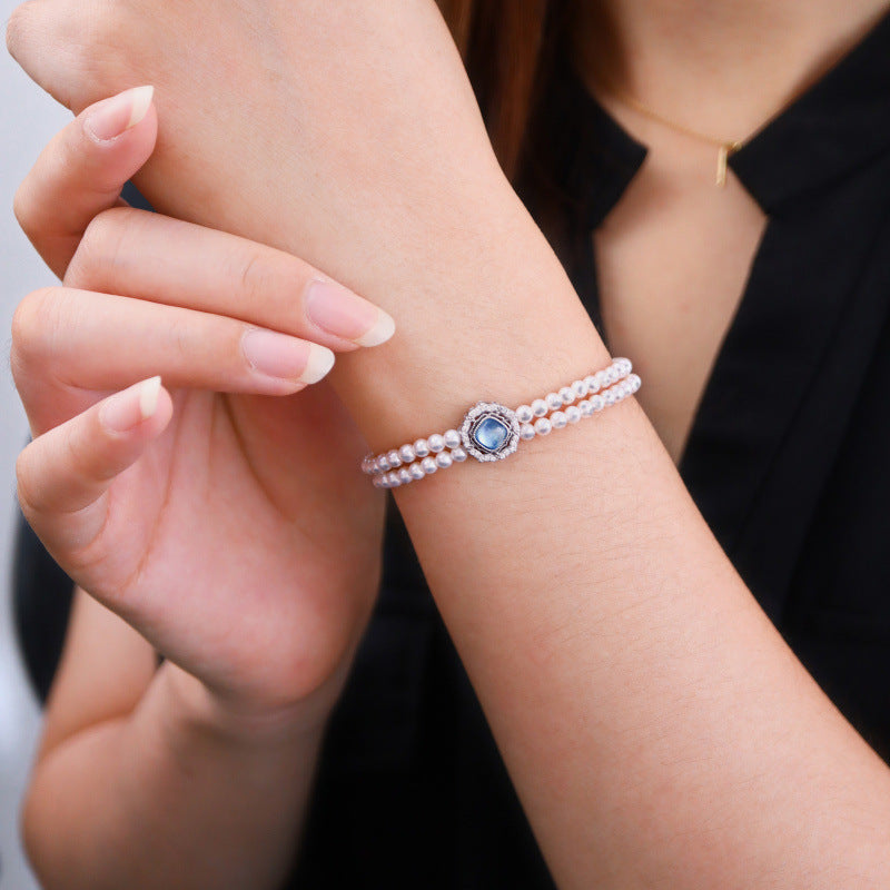 Pearl Double Layer Stacked Natural Freshwater Pearl Aquamarine Bracelet