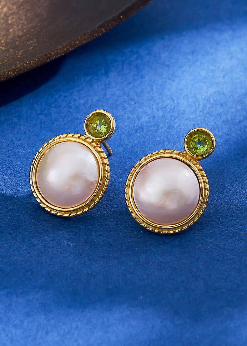 S925 Silver Gold-Plated Round Cabochon Mabe Pearl Stud Earrings French Vintage Peridot Earrings