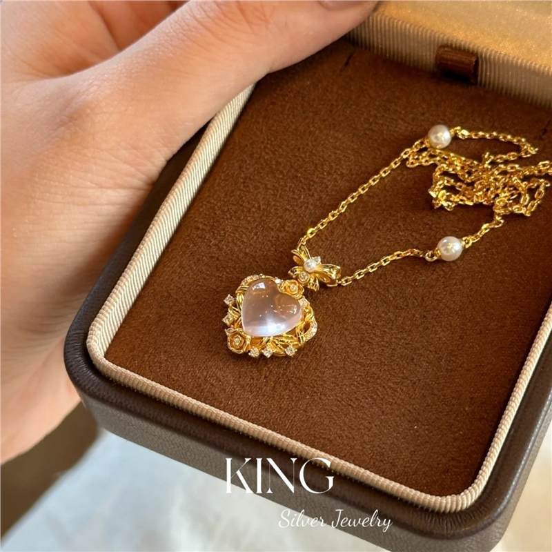 Pink Water Beauty| S925 Silver Gold-Plated Heart Pink Crystal Light Luxury Retro Niche Fashion Elegant Pure Silver Necklace