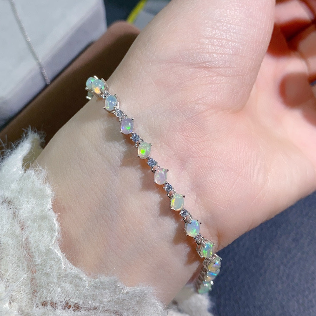 S925 Sterling Silver Natural Opal Bracelet for Women, Australian Opal 4x4mm, Vintage Classic Luxury Elegant Dinner Party Jewelry