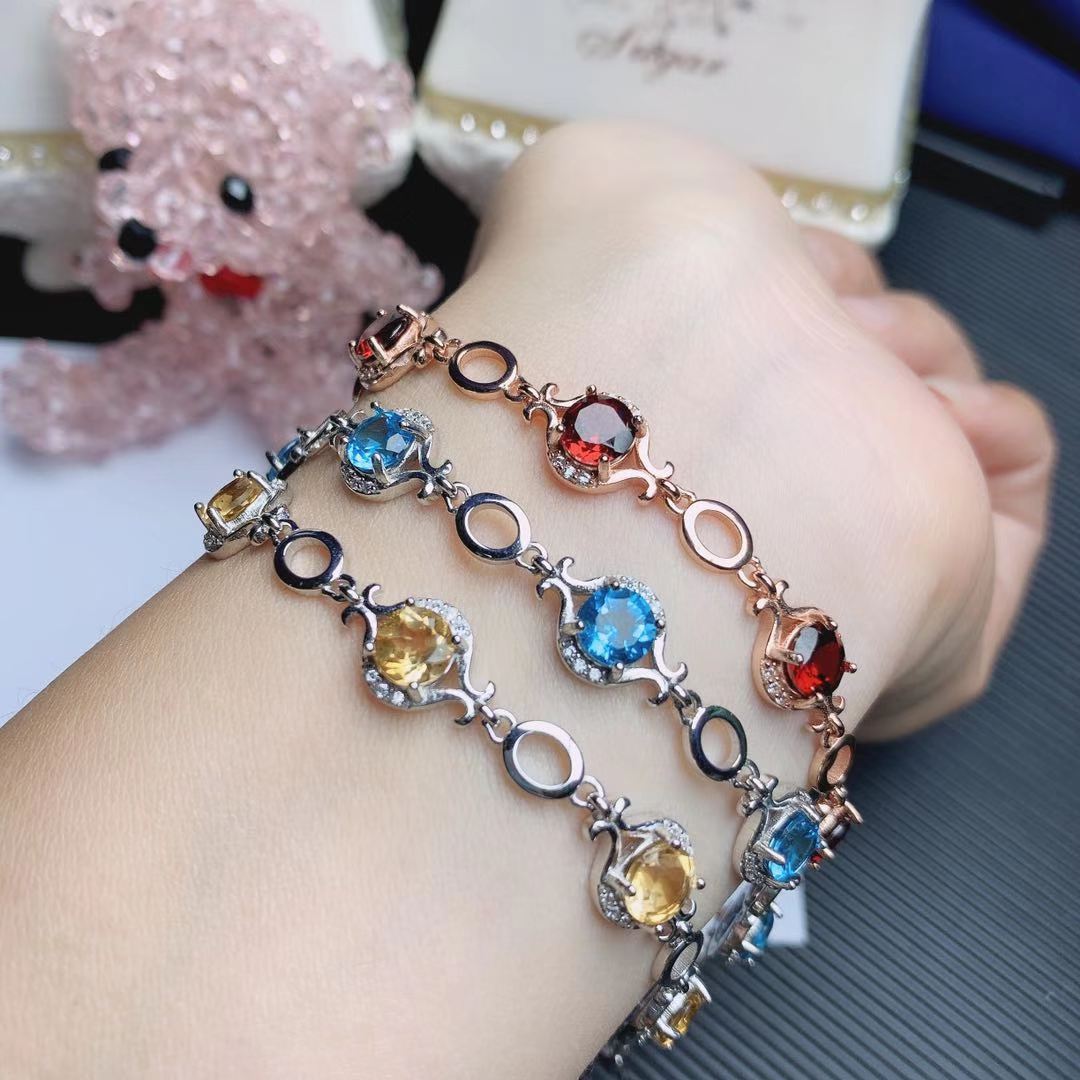 Natural Garnet Bracelet Yellow Crystal Topaz 925 Silver Vintage Ethnic Style Colorful Gem Bracelet