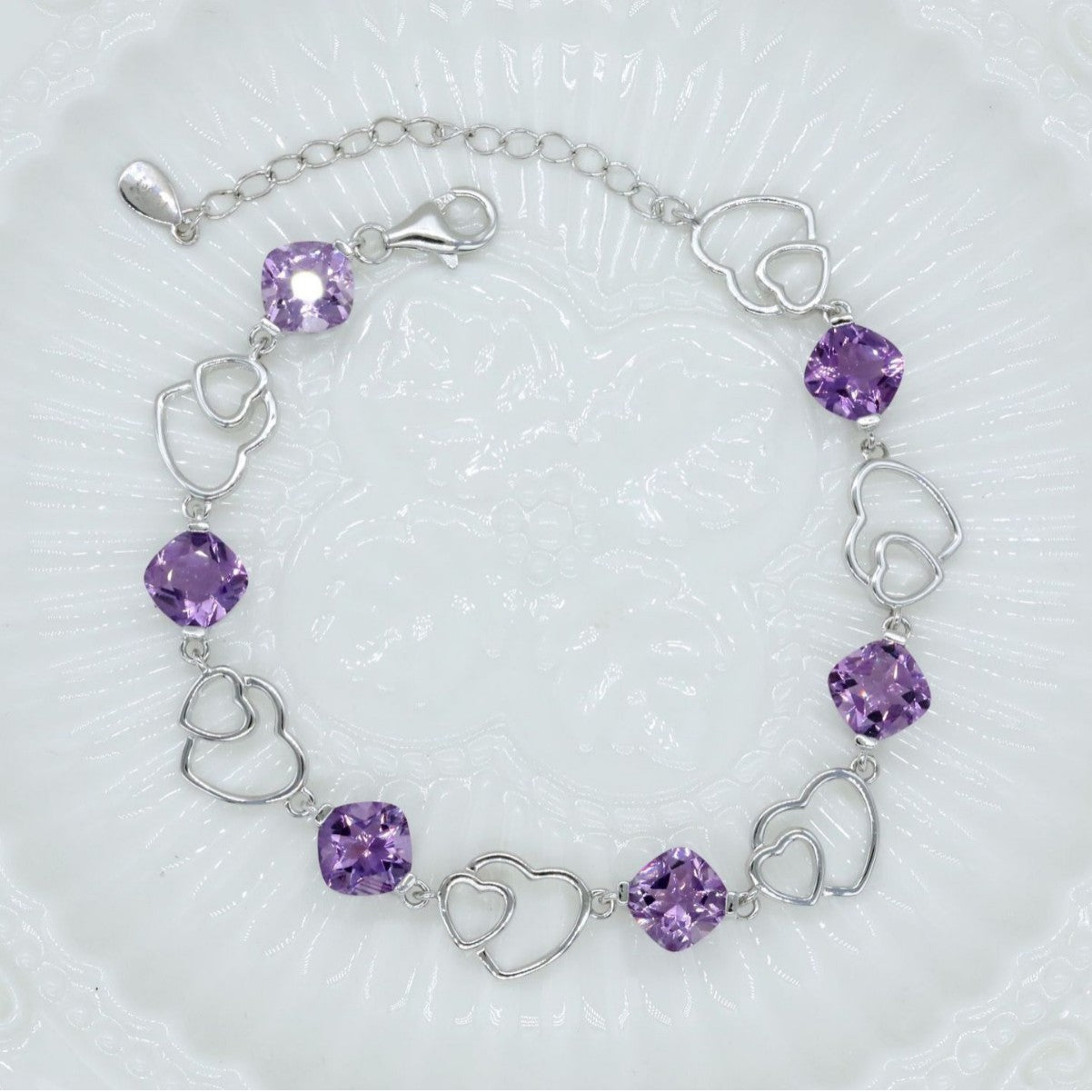 925 Sterling Silver Bracelet Love Double Heart Inlaid Amethyst Women's Bracelet