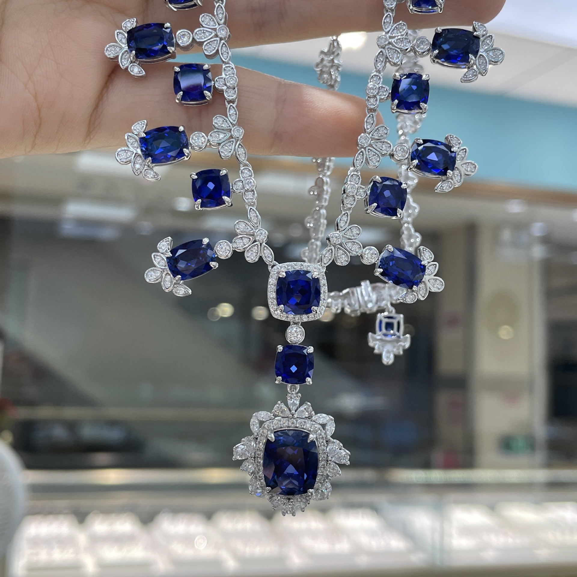 Elegant 5.5 Carat Cultivated Sapphire Pillow Shape Jewelry Set S925 Silver Ring