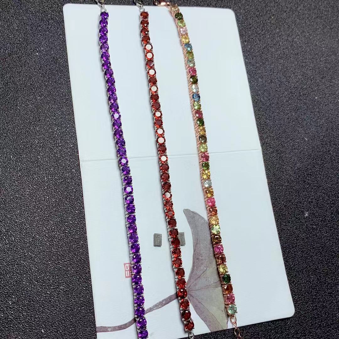 Colorful Gemstone Bracelet Natural Garnet Amethyst Tourmaline 925 Silver Single Circle Bracelet