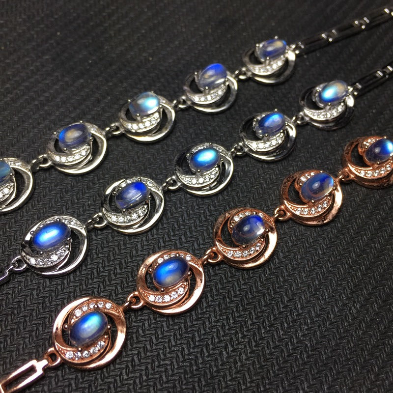 Natural Blue Moonstone Bracelet 925 Sterling Silver Inlaid Craft Glass Blue Moonstone