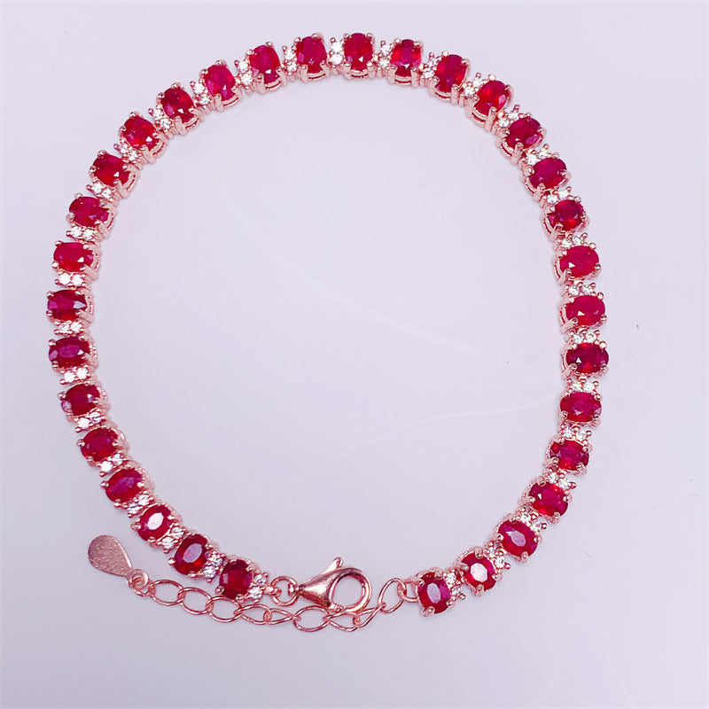 S925 Silver Plated Rose Gold Inlaid 3*4mm Natural Pigeon Blood Ruby Bracelet