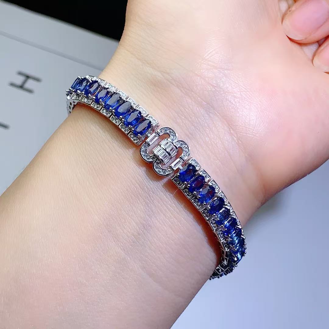 Sri Lanka Sapphire Inlaid S925 Light Luxury Heavy Craft Full Diamond High-end Exquisite Pure Silver Bracelet