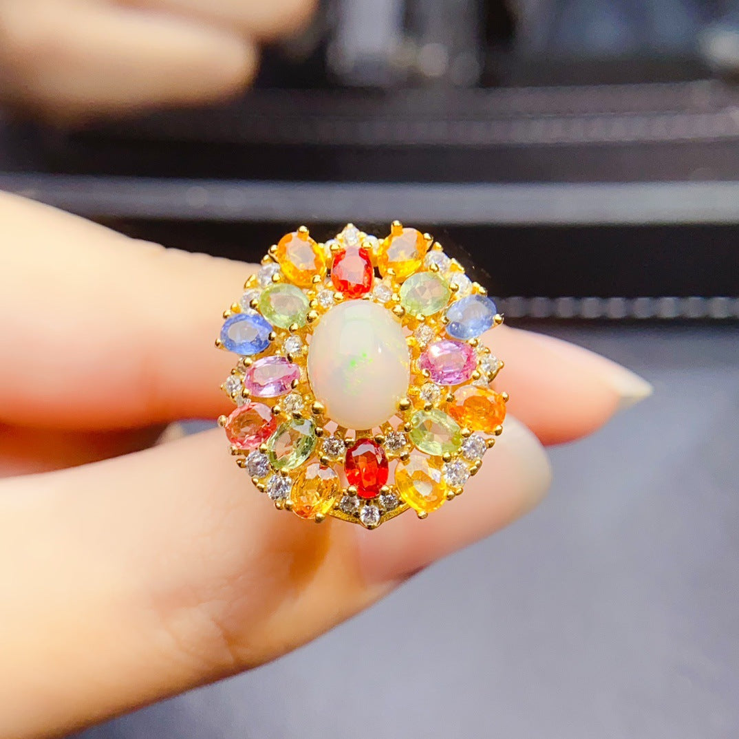 S925 Silver Inlaid Main Stone 7*9 Natural White Opal Ring