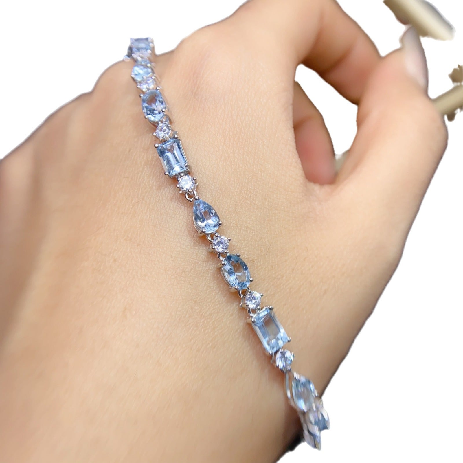 925 Silver 6*4 4*5mm Crystal Fresh Natural Aquamarine Bracelet