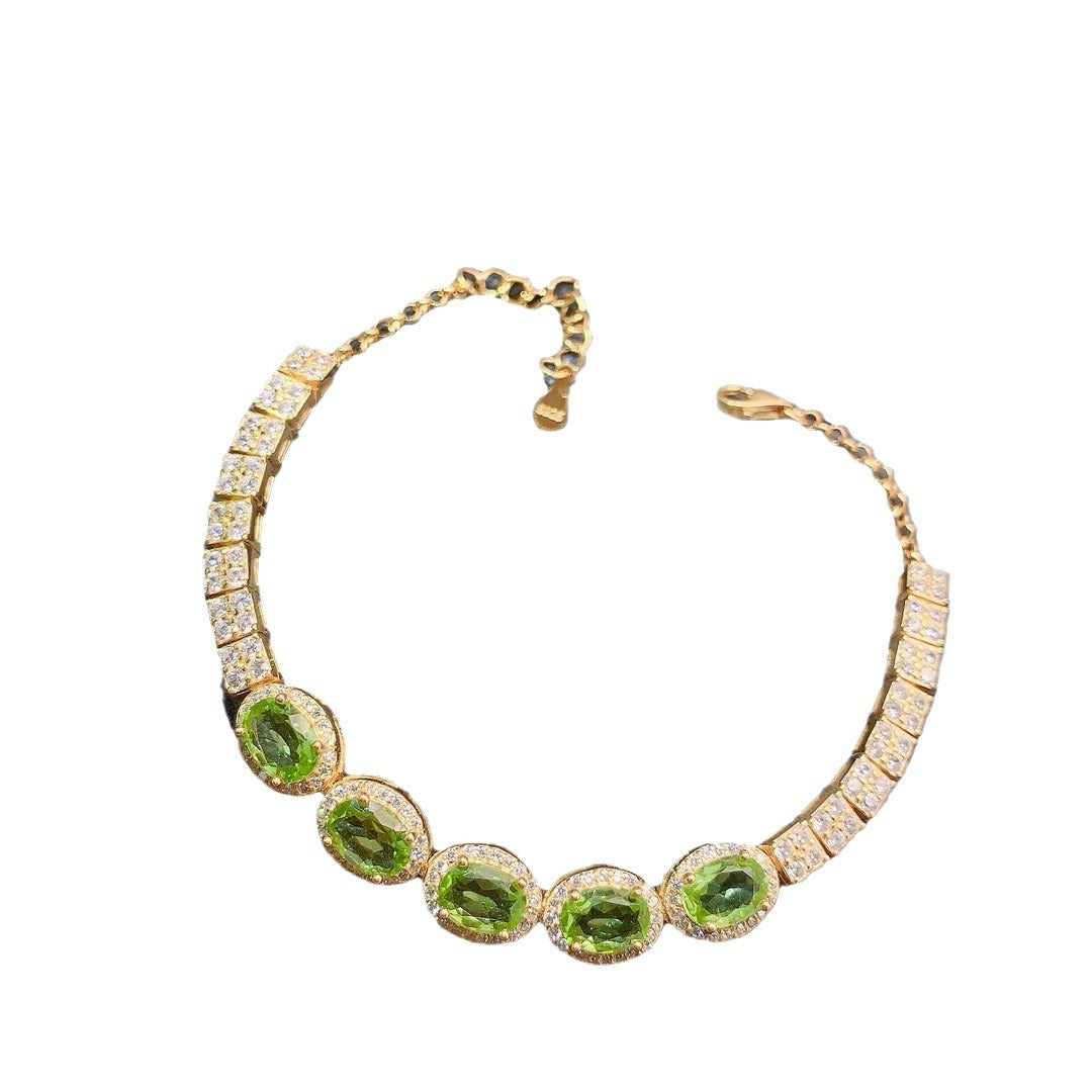 S925 sterling silver natural olivine bracelet fashion niche design oval 5*7mm bracelet