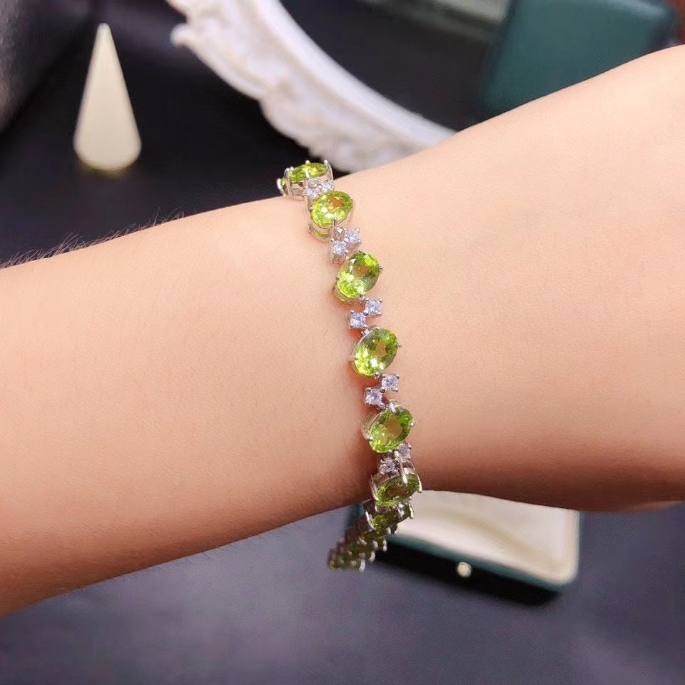 S925 Silver Inlaid Natural Peridot Oval 5*7 Size Bracelet