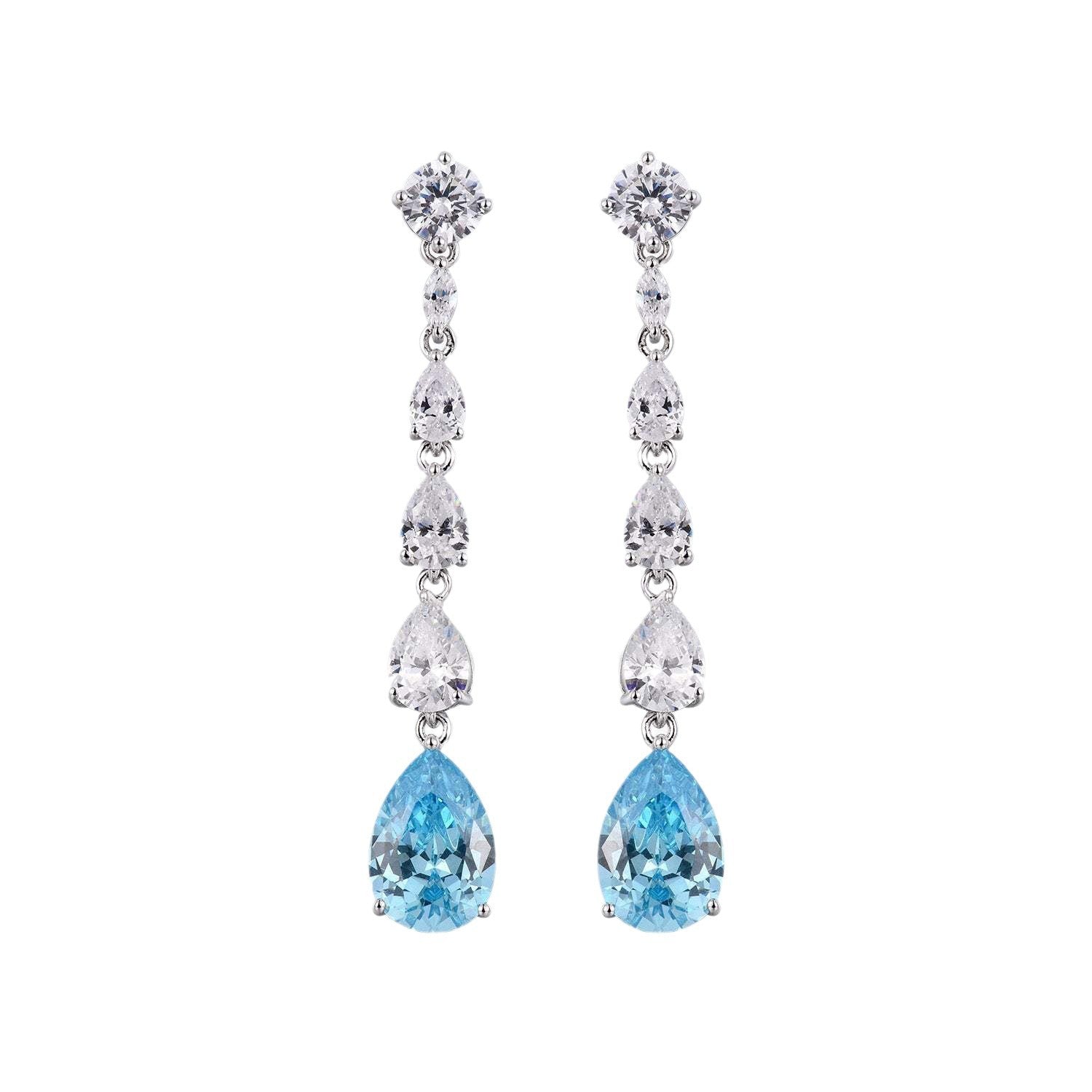 Zircon Tassel Stud Earrings S925 Silver Electroplated White Gold Refreshing Imitation Aquamarine Water Drop Earrings