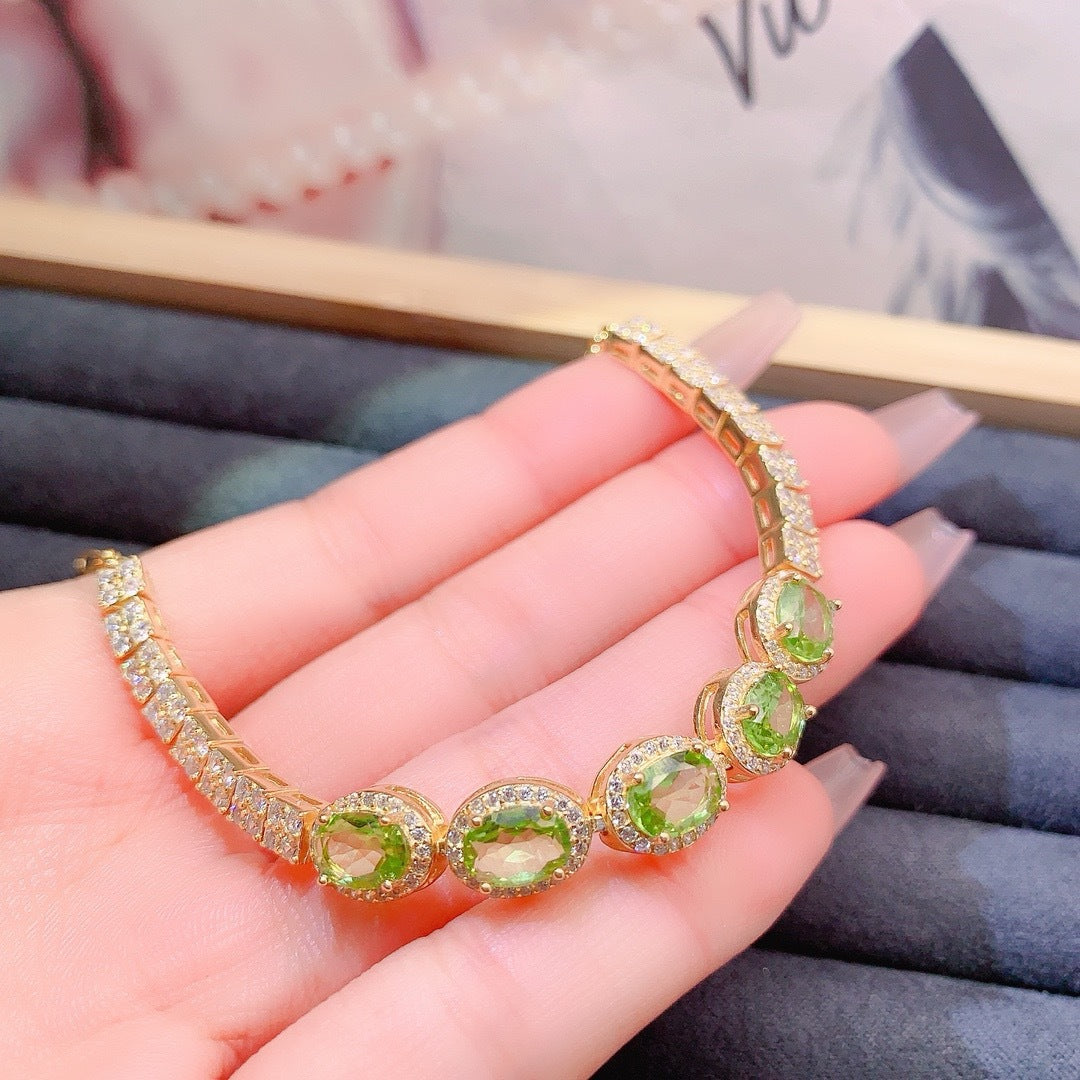 S925 sterling silver natural olivine bracelet fashion niche design oval 5*7mm bracelet