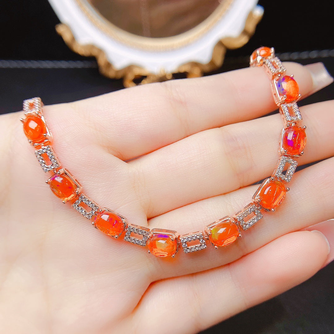 S925 Silver Inlaid Main Stone 5*7 Natural Fire Opal Bracelet