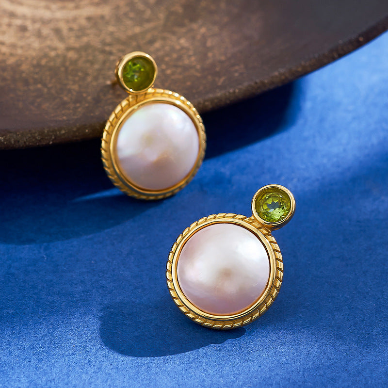S925 Silver Gold-Plated Round Cabochon Mabe Pearl Stud Earrings French Vintage Peridot Earrings