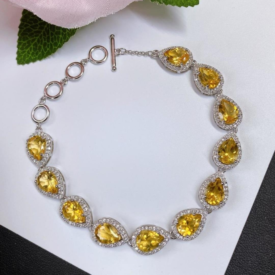 Bracelet en argent S925 incrusté de cristal jaune naturel neuf en forme de goutte d'eau 