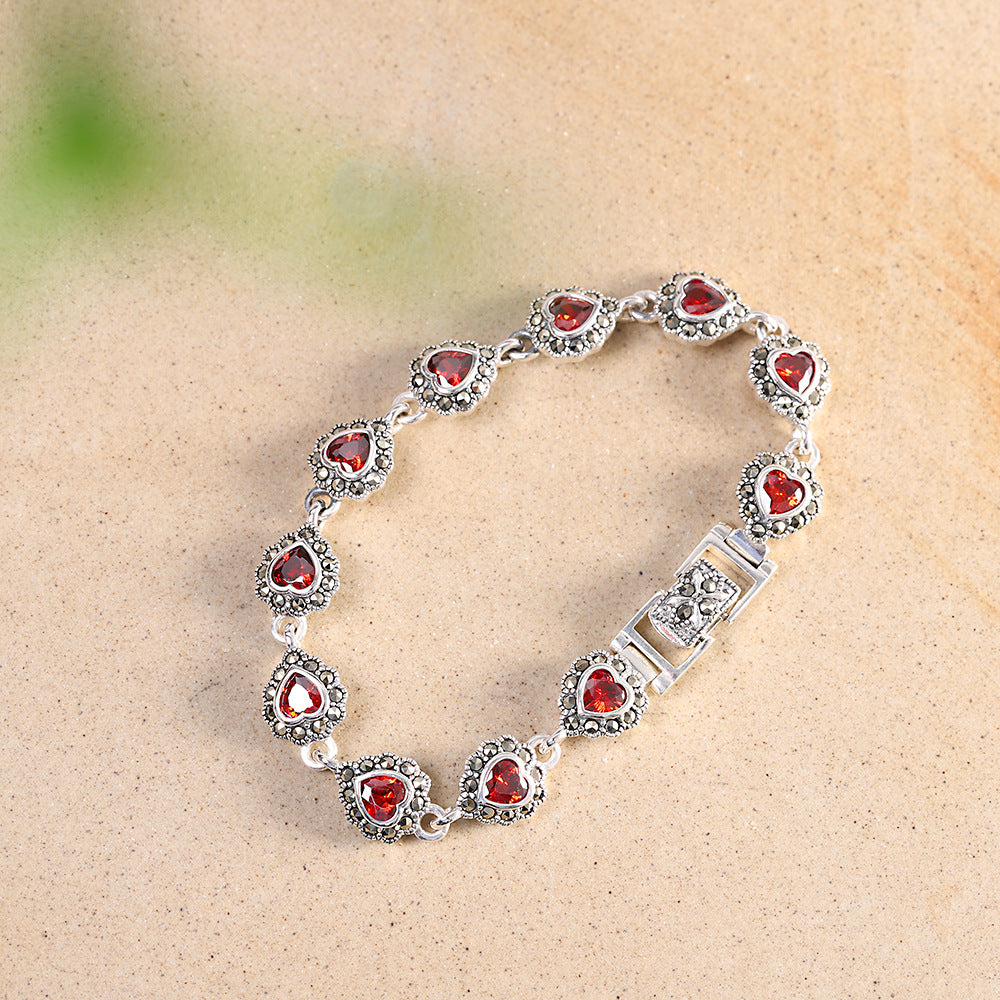 S925 Silver Jewelry Heart-Shaped Garnet Bracelet Versatile Women's Bracelet