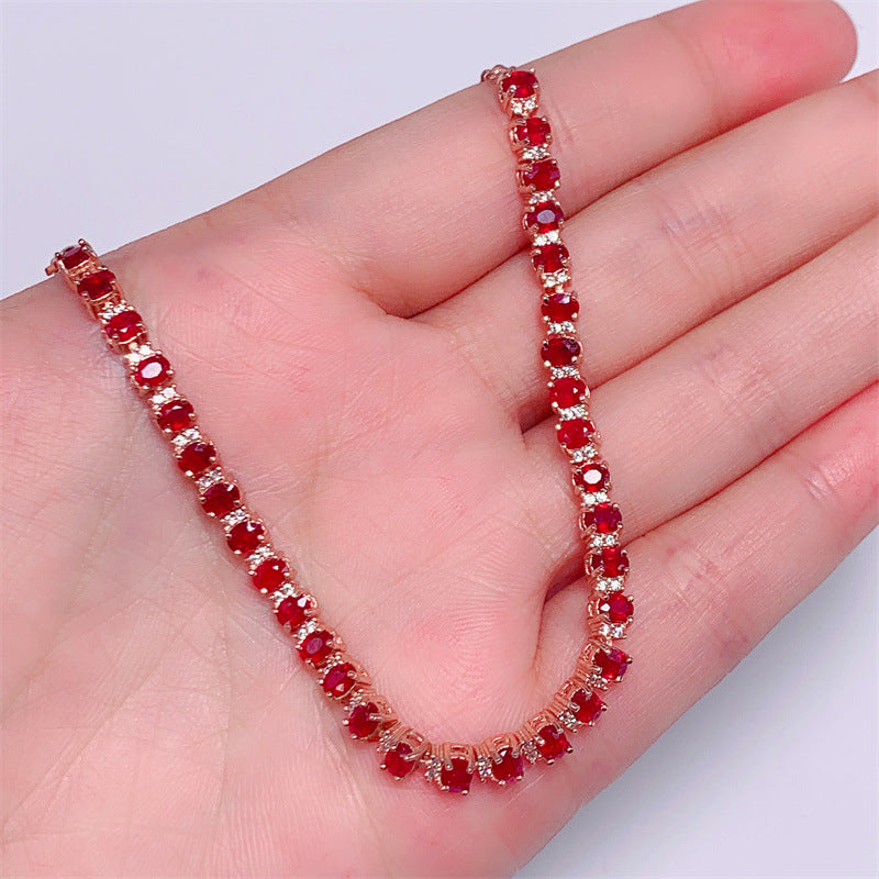 S925 Silver Plated Rose Gold Inlaid 3*4mm Natural Pigeon Blood Ruby Bracelet