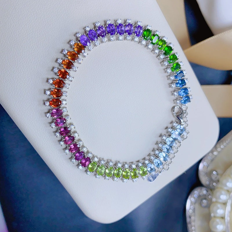 Natural Olivine Garnet Diopside Citrine Amethyst Topaz 925 Silver Multi-Gem Bracelet