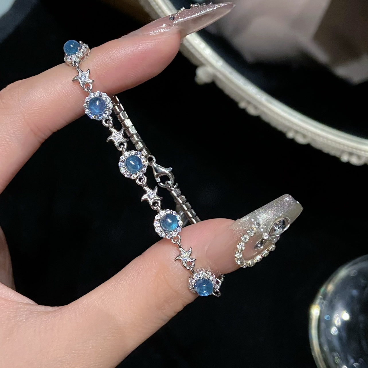 925 Sterling Silver Hand Jewelry Natural Aquamarine Bracelet