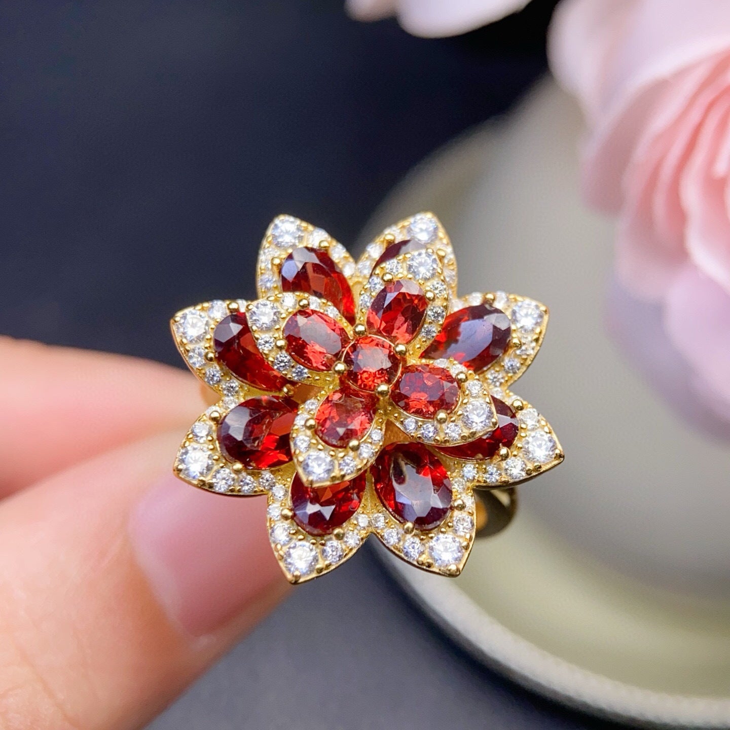 Pure Body Main Stone Approximately 4*6, 3*4mm 925 Silver Precision Inlaid Natural Red Garnet Ring