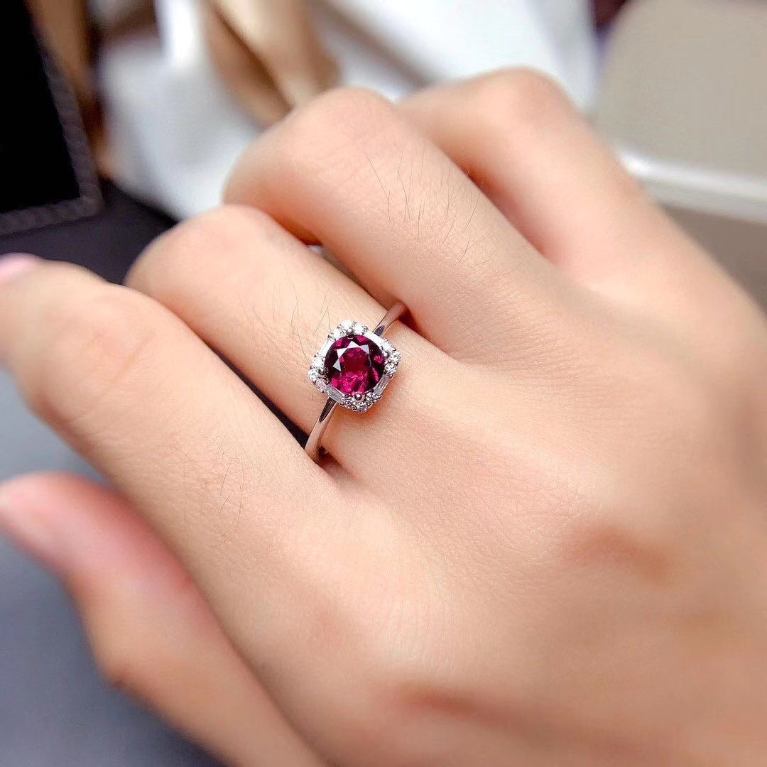 S925 Silver Inlaid Pendant Ring Earrings Natural Purple Tooth Black Garnet Set