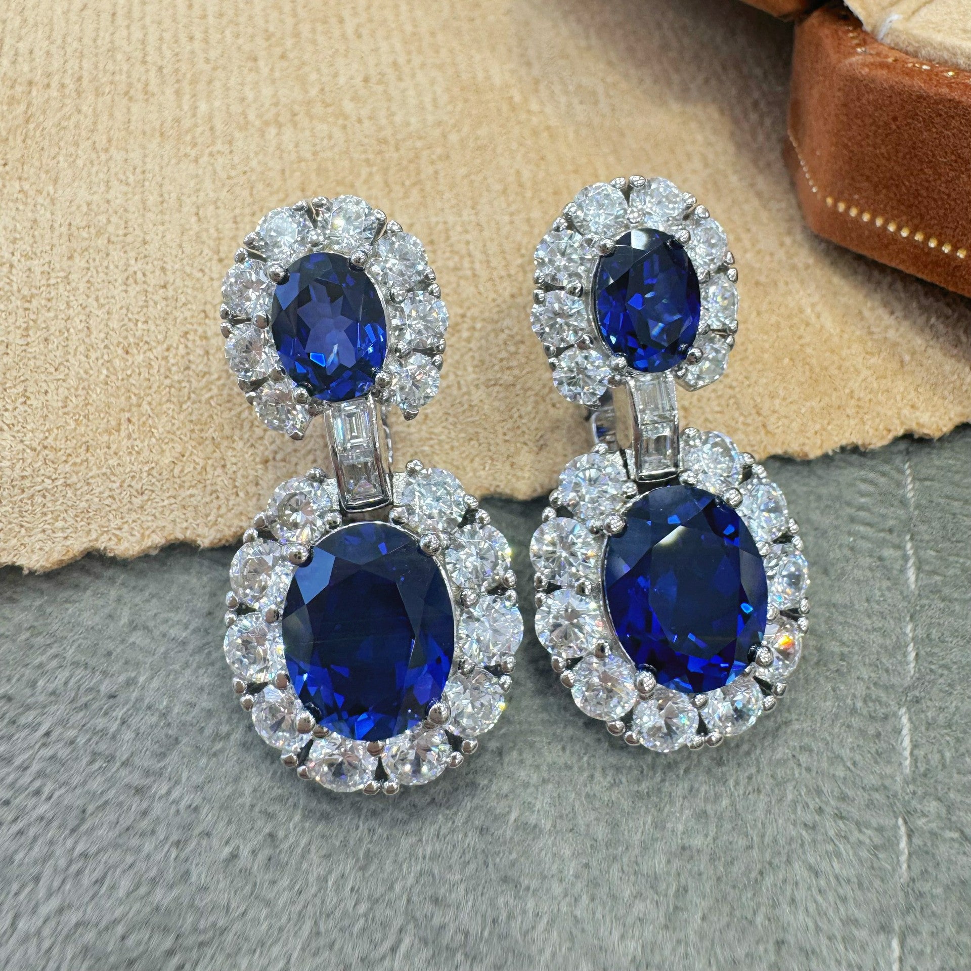 French Retro Style S925 Sterling Silver Cultivated Sapphire Oval 5 Carat Earrings