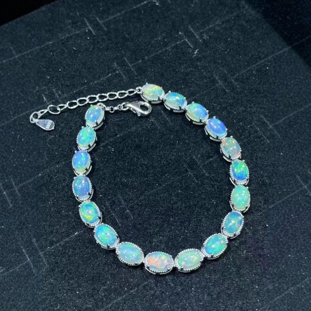 Natural Premium Opal S925 Sterling Silver Bracelet 4x6 18 Pieces Fashionable Light Luxury Colorful Gem Single Circle Bracelet