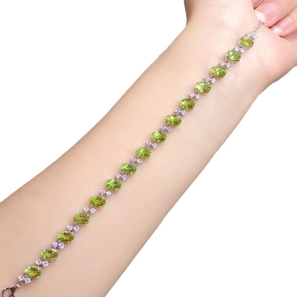 S925 Silver Inlaid Natural Peridot Oval 5*7 Size Bracelet