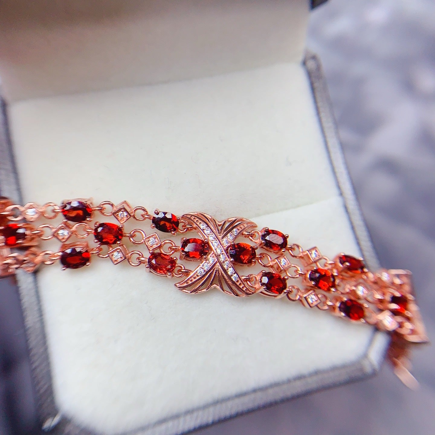 S925 Silver Fine Craft Inlaid 3*4mm Natural Garnet Bracelet