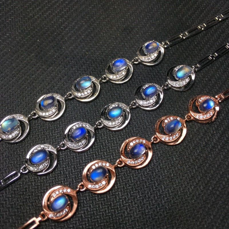 Natural Blue Moonstone Bracelet 925 Sterling Silver Inlaid Craft Glass Blue Moonstone