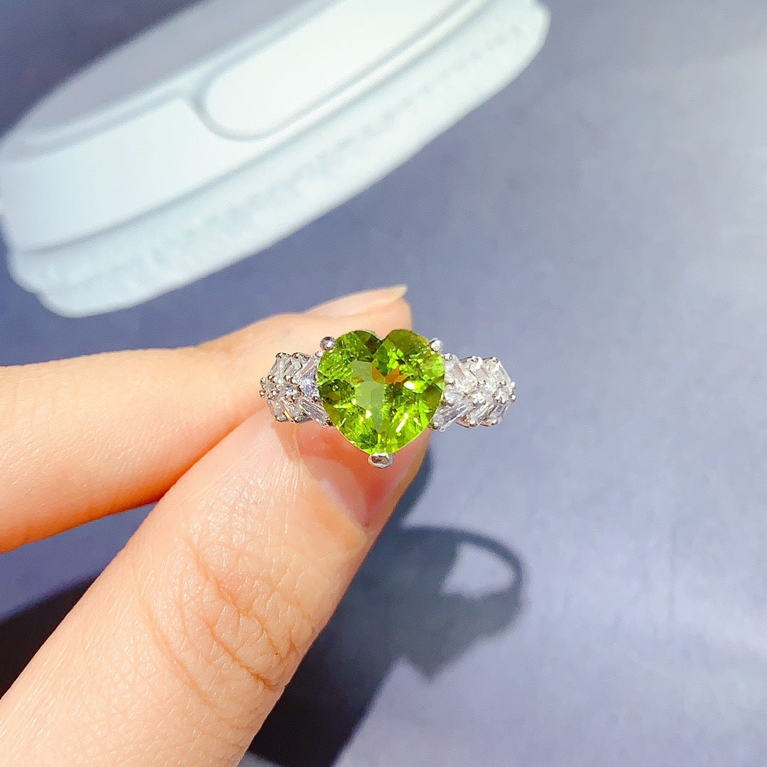 Natural Peridot S925 Sterling Silver Love Heart Ring