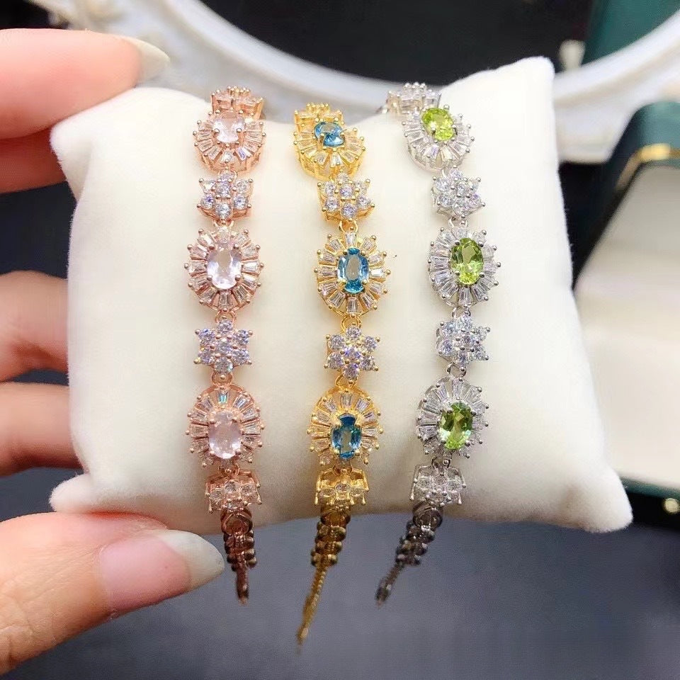 Natural Pink Crystal Bracelet Sakura Pink 925 Sterling Silver Fine Quality Crystal Hand Jewelry