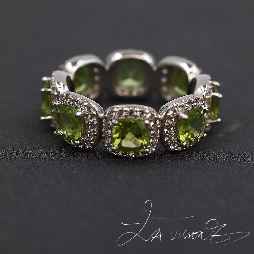 925 Silver Inlaid Natural Peridot Synthetic White Sapphire Ring