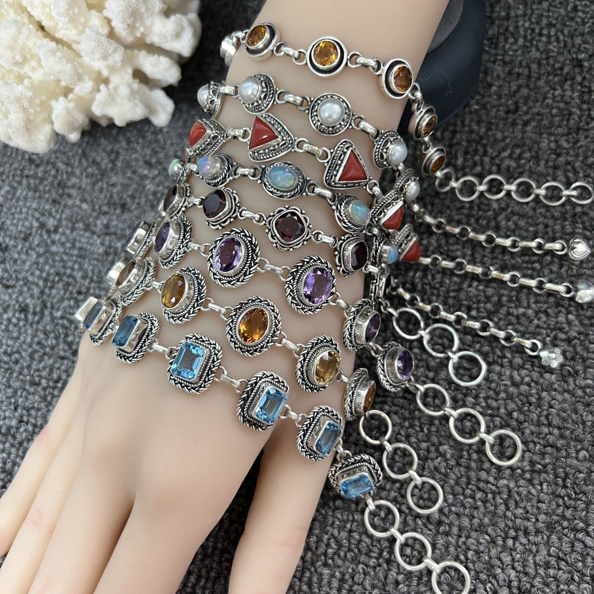 Nepal Handmade 925 Inlaid Yellow Crystal Ruby Amethyst Opal Stone Vintage Bracelet