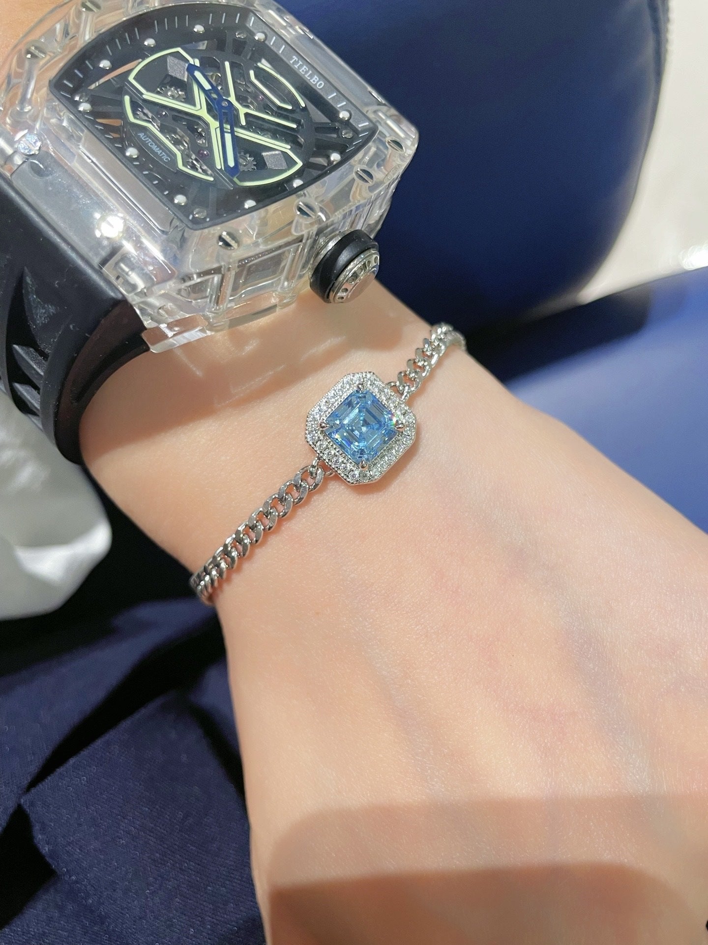 S925 Silver Electroplated 18K Gold Sugar Cube Sparkling Diamond Aquamarine Simple Bracelet